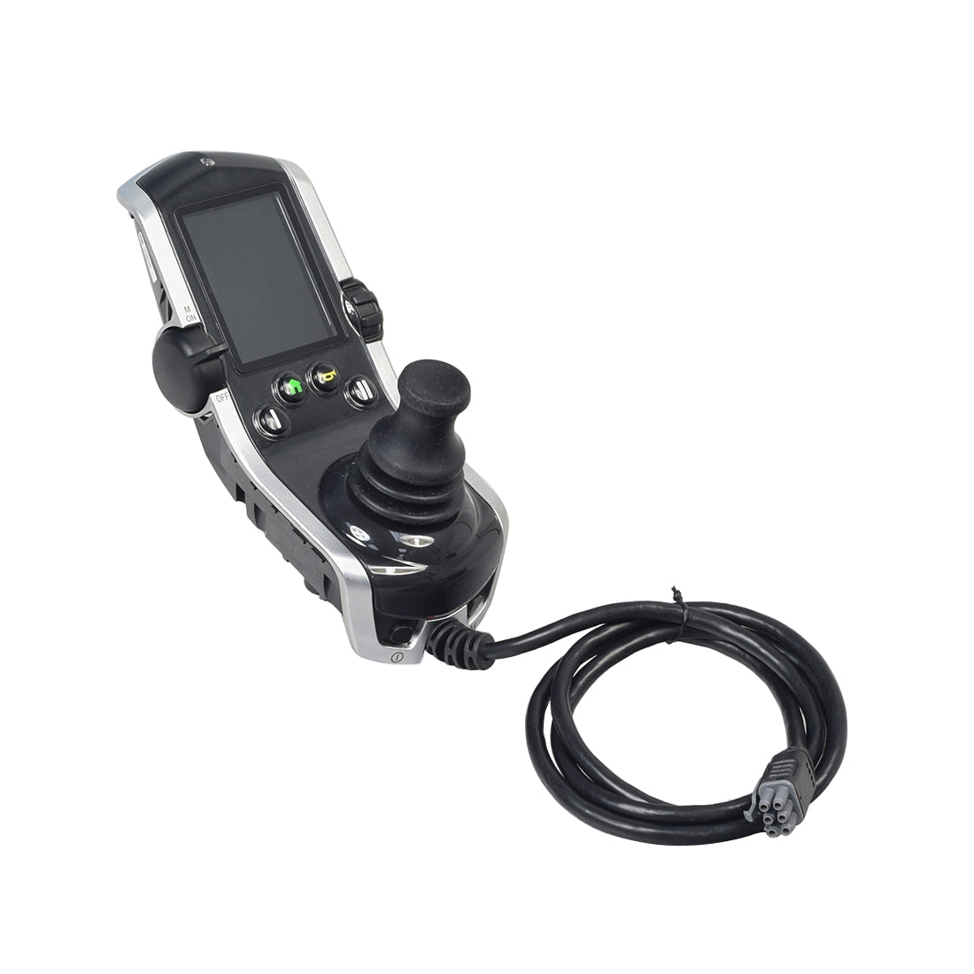 Expandable 4-Key Q-Logic 3 Joystick Controller for Quantum Q6 Edge 2.0 & 3.0 Power Chairs, featuring a sleek black and silver design with a black cord and multiple input options.