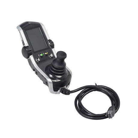 Expandable 4-Key Q-Logic 3 Joystick Controller for Quantum Q6 Edge 2.0 & 3.0 Power Chairs, featuring a sleek black and silver design with a black cord and multiple input options.