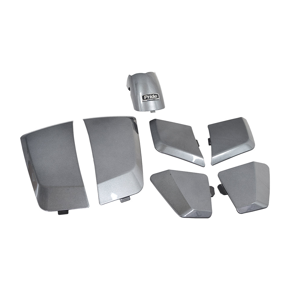 Close-up of Pewter Shroud Inserts for the Jazzy Zero Turn (ZT) mobility scooter, showcasing various grey panels and inserts designed to enhance the scooter's appearance and replace worn-out parts.