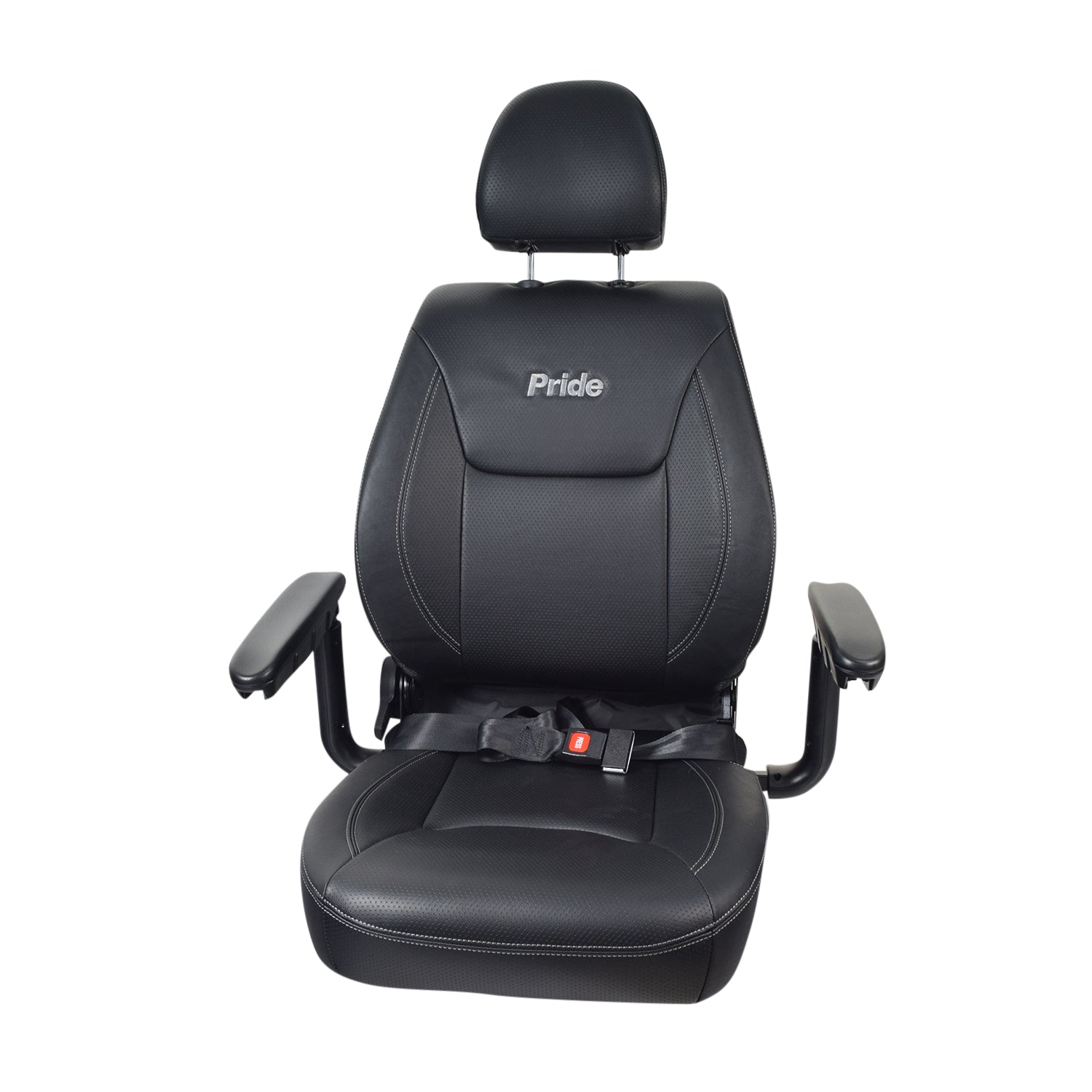 20x20-22 Depth Adjustable Seat Assembly for the Jazzy Air, featuring a black leather seat with a headrest, armrests, and a seat belt with a red button for secure use.