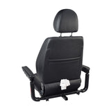 20x20-22 Depth Adjustable Seat Assembly for the Jazzy Air, featuring a black leather seat with white stitching and a white label attached, perfect for ensuring your scooter's functionality.