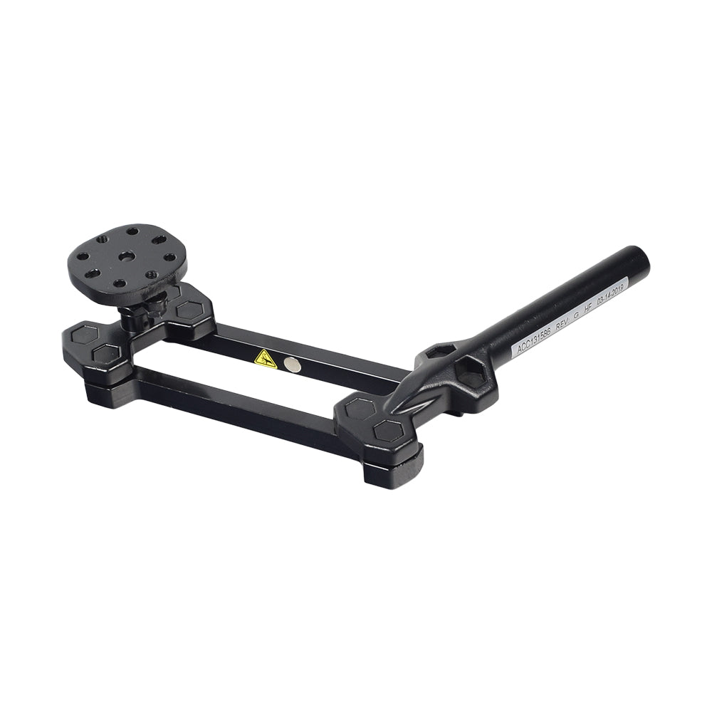 Right Side Swing Away Joystick Bracket for Jazzy & Quantum Power Chairs, featuring a black metal frame with a round component, designed to hold PG Drives VSI, VR2, GC3, and R-NET joysticks.