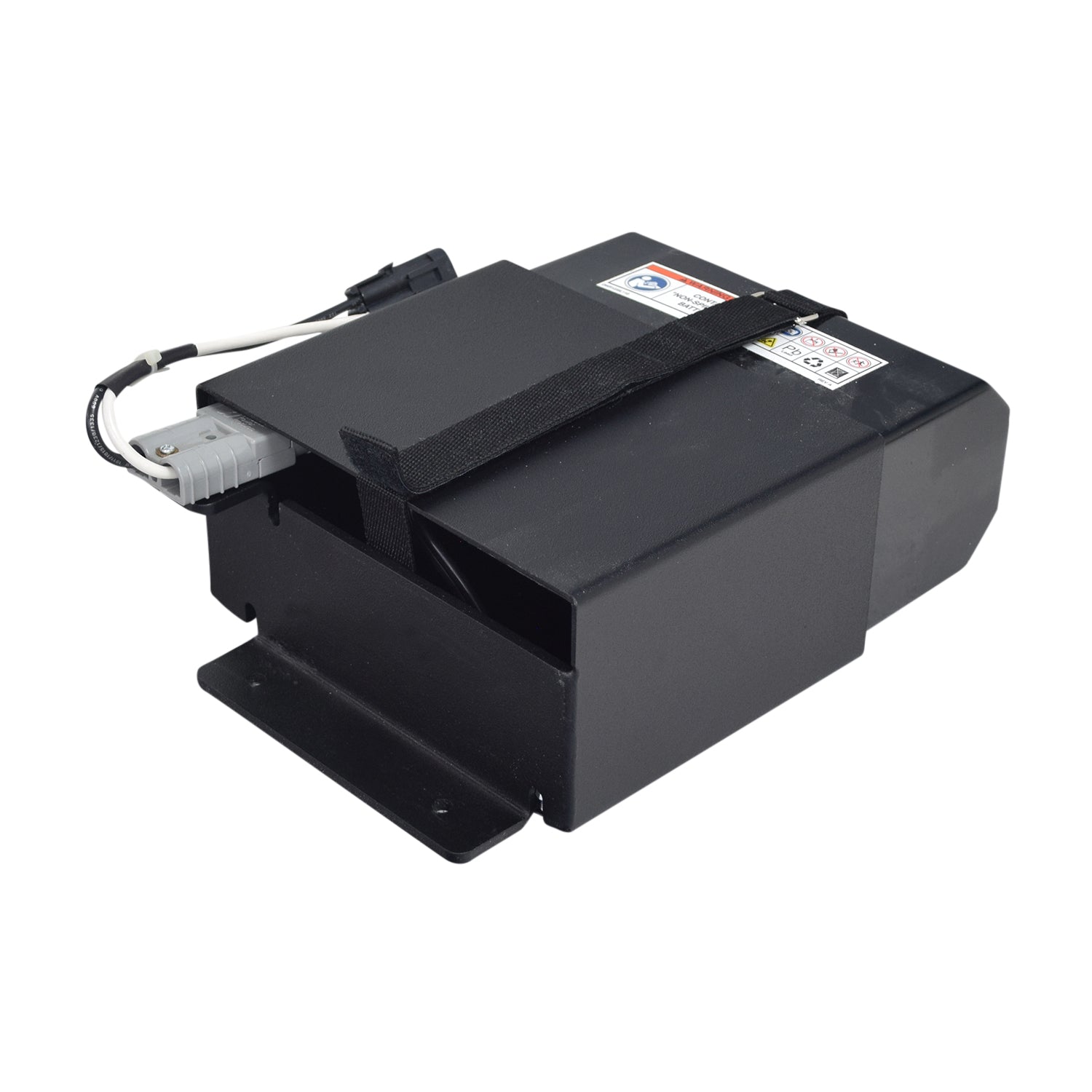 18 Ah Battery Pack with Bracket & Charger for Outlander Vehicle Lifts, featuring a black rectangular box with an attached strap and visible label, designed to power Outlander vehicle lifts without hardwiring.