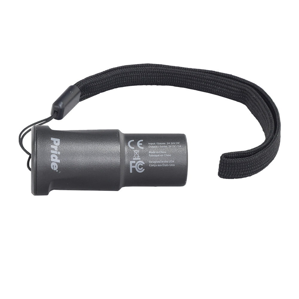 Pride XLR USB Charger: Black flashlight-like device with a strap, designed to plug into mobility scooters or power chairs for charging phones and tablets on the go.