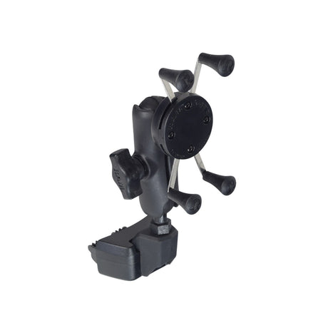 Cell Phone Holder for Quantum Power Chairs with Tru-Balance 3 Seating, featuring a black device with multiple arms and knobs, designed to mount securely to T-slot channels on armrests or accessory bars.