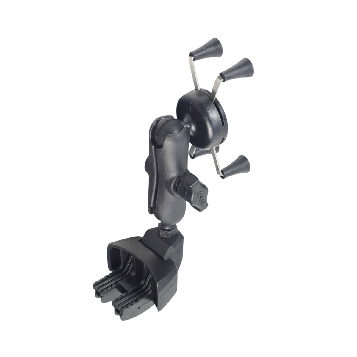 Cell Phone Holder for Quantum Power Chairs with Tru-Balance 3 Seating, shown as a close-up of the black holder with a metal nut, designed for secure mounting to T-slot channels.