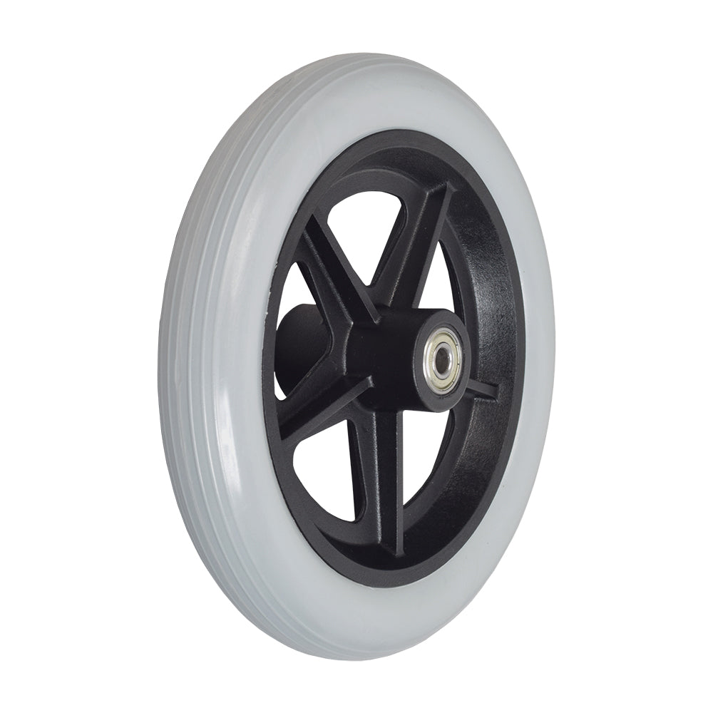 8x1.25 Gray Caster Wheel for Pride Stylus LS Wheelchair, featuring a flat-free gray urethane tire on a black 5-spoke rim with pre-installed 608ZZ bearings.