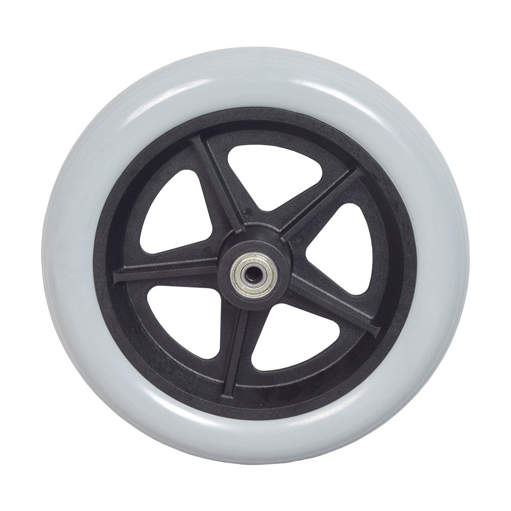 8x1.25 Gray Caster Wheel for the Pride Stylus LS Wheelchair, featuring a flat-free gray urethane tire on a black 5-spoke rim with pre-installed 608ZZ bearings.