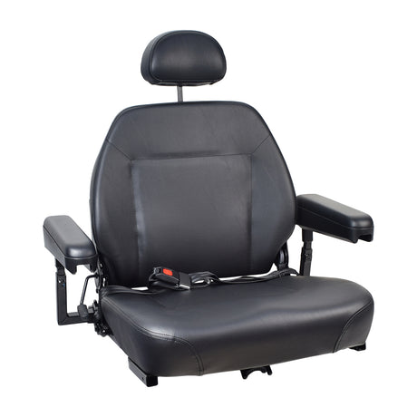 22X20 Hi-Back Low Profile Seat for the Jazzy Select HD featuring armrests, height-adjustable headrest, quick-release seat frame, and 70 lap belt in black vinyl upholstery.