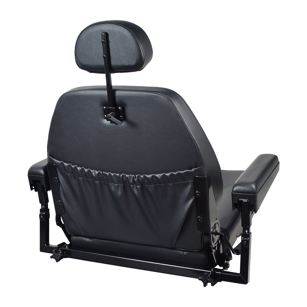 22X20 Hi-Back Low Profile Seat for the Jazzy Select HD featuring a height-adjustable headrest, quick-release seat frame, armrests, and a 70 lap belt in black vinyl.