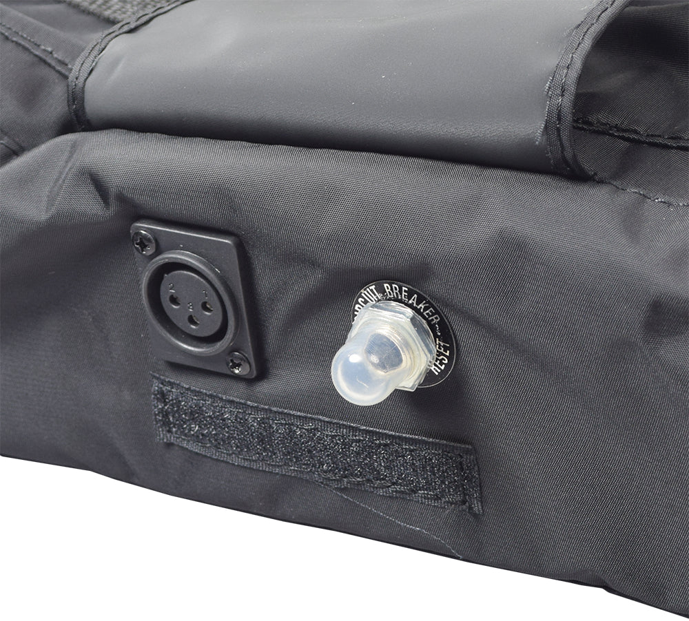 Close-up of the Battery Bag & Harness Assembly without Batteries for the Pride Travel Pro, showcasing its lightweight, durable design intended to protect from dirt, dust, and rainwater.