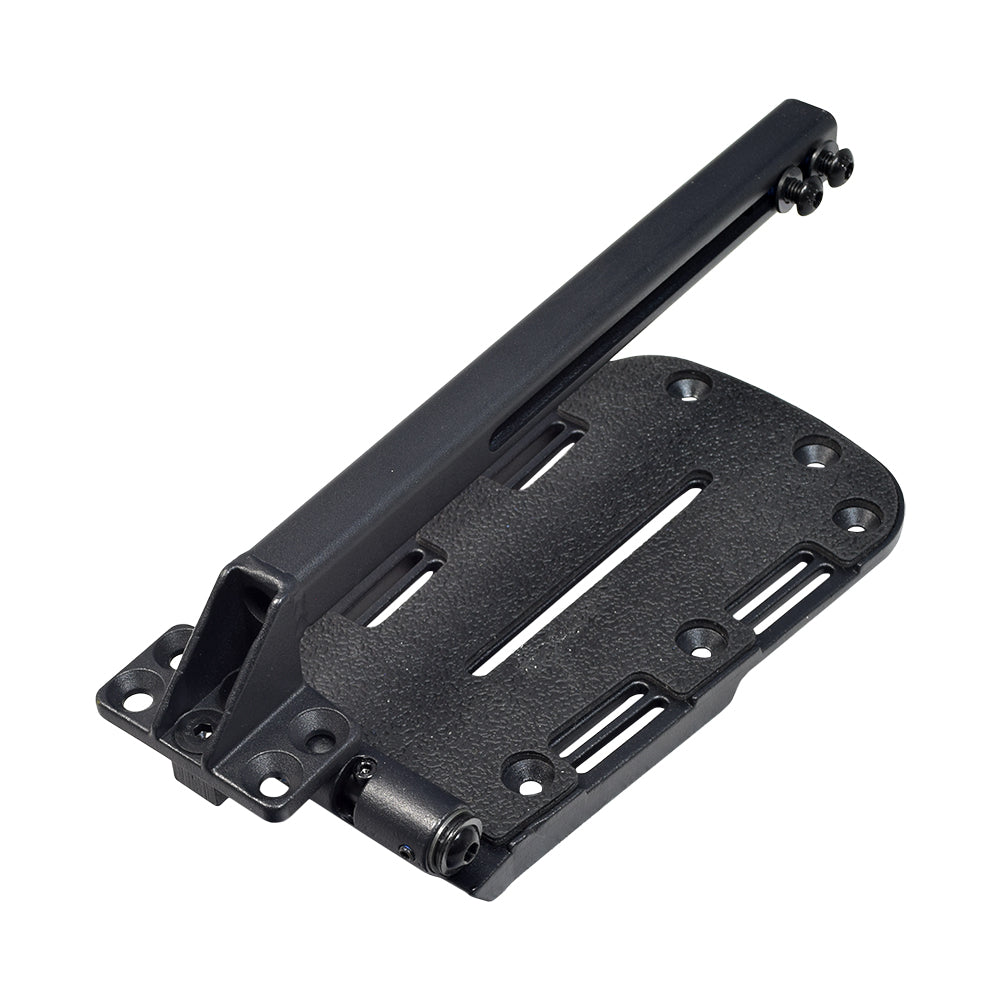 5x8 Right Tapered Footplate with 13 - 19 Extension for Quantum Power Chairs, featuring a black metal footplate with screws and adjustable lower leg extension for elevation.