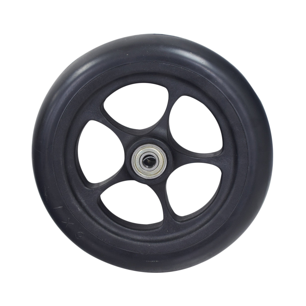 6 Caster Wheel for the Pride Stylus LS Manual Wheelchair, featuring a flat-free solid tire on a 5-spoke rim, with visible metal center and included bearings, spacers, washers, and axle bolt.