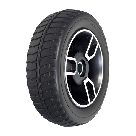 9 Rear Wheel Assembly for the Pride Revo 2.0 featuring a black, non-marking flat-free tire with a silver rim, designed for both 3-wheel and 4-wheel Revo 2.0 mobility scooters.