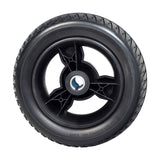 9 Rear Wheel Assembly for the Pride Revo 2.0, showcasing a black, non-marking, flat-free tire with a central hole, designed for both the 3-wheel and 4-wheel Revo 2.0 mobility scooters.