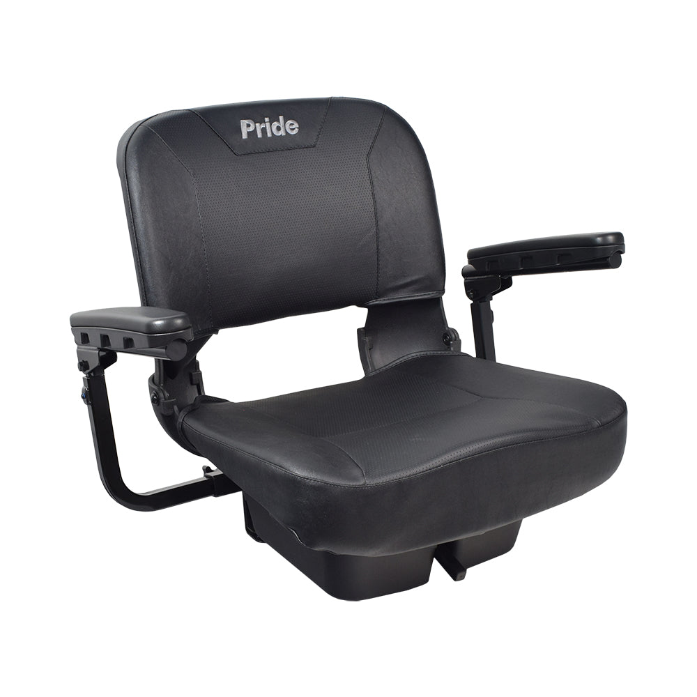 Black Vinyl Seat Assembly for the Pride Revo 2.0 (S66/S67) featuring black armrests, a molded plastic seat back and base, and black upholstery upper and lower covers.