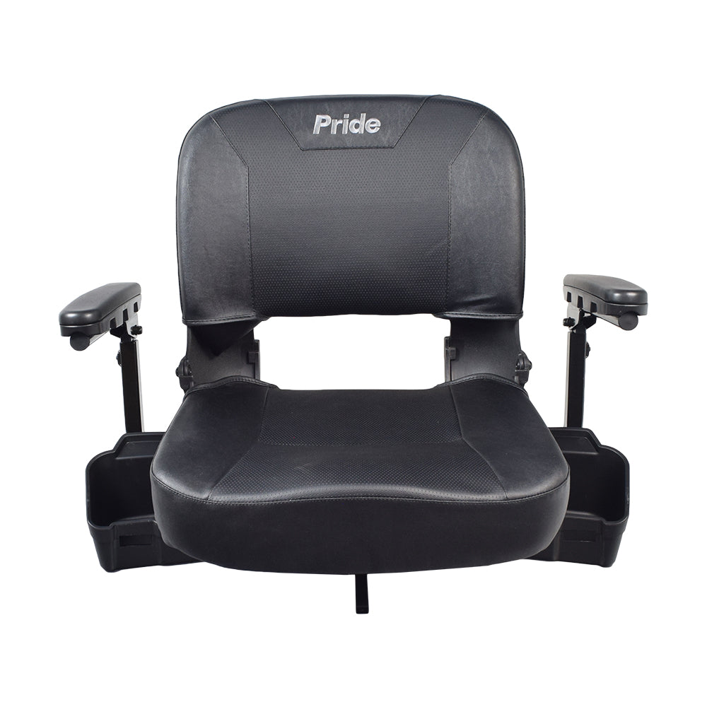 Black Vinyl Seat Assembly for the Pride Revo 2.0 (S66/S67), featuring a black chair with armrests, molded plastic seat back and base, and black leather upholstery.