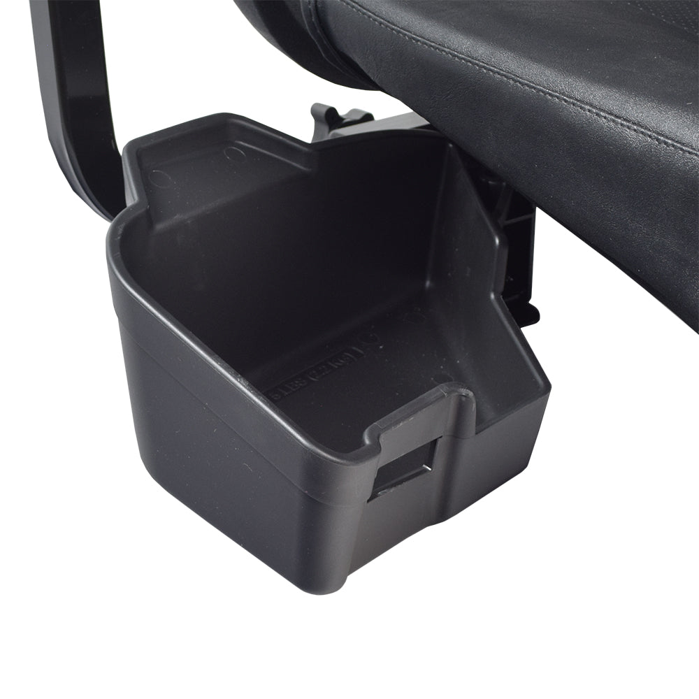 Black Vinyl Seat Assembly for the Pride Revo 2.0 (S66/S67) featuring a black plastic seat with armrests, molded seat back, and underseat storage bin.