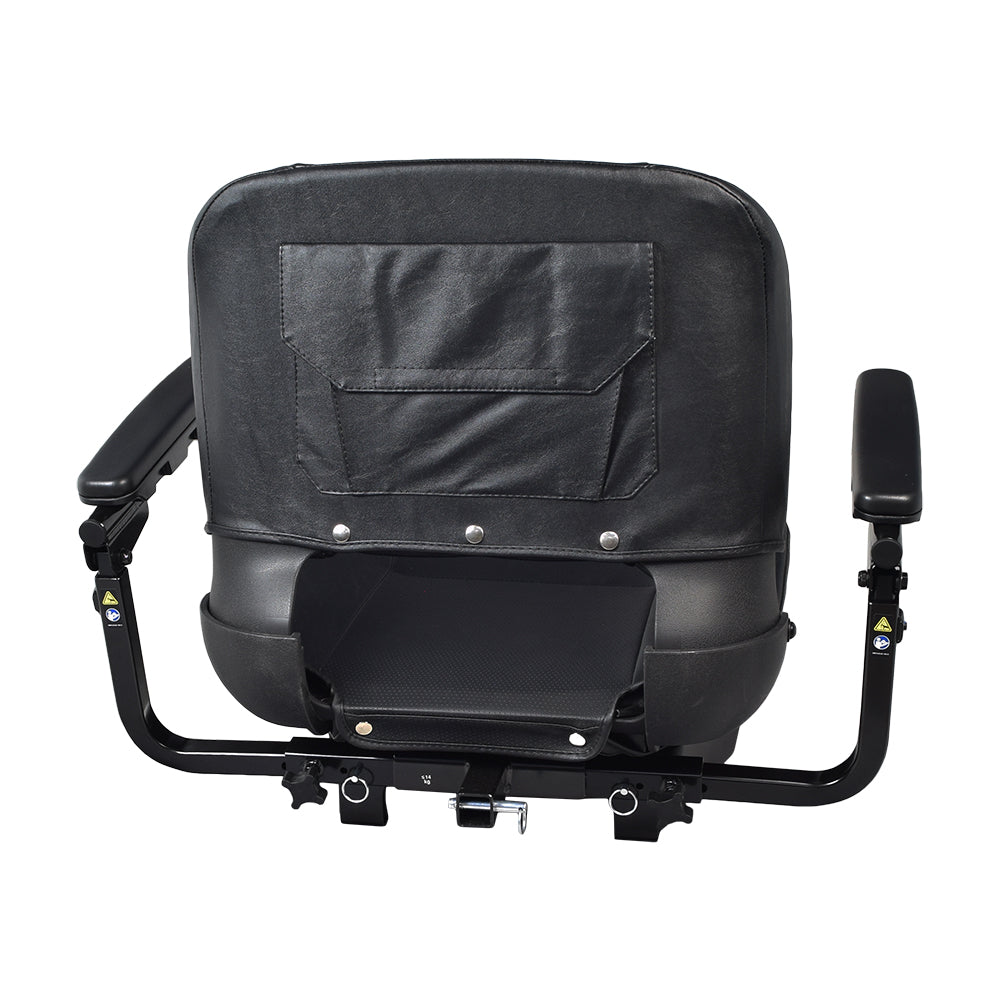 Black Vinyl Seat Assembly for the Pride Revo 2.0 (S66/S67) with black armrests, black handle, molded plastic seat back and base, underseat storage bin, and black upholstery.