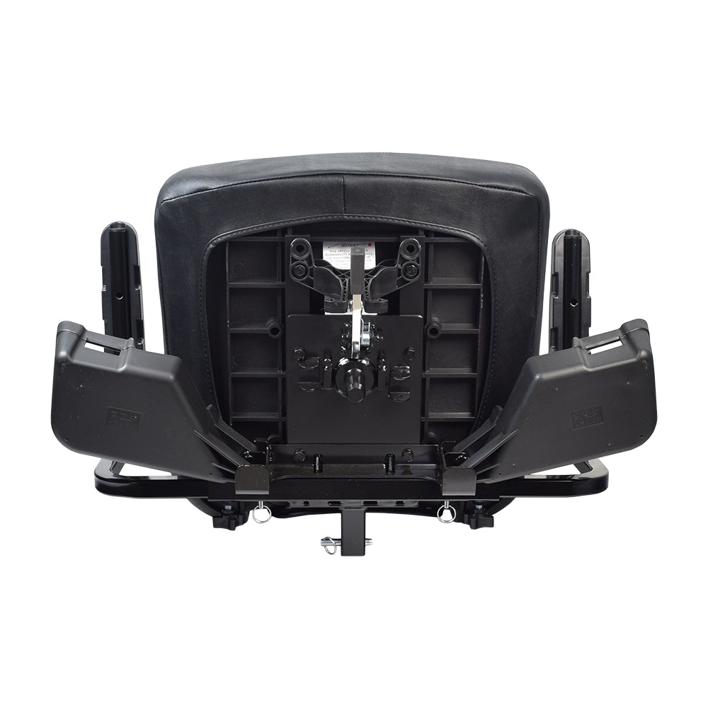 Black Vinyl Seat Assembly for the Pride Revo 2.0 (S66/S67) featuring a molded plastic seat back, armrests, and underseat storage bin.