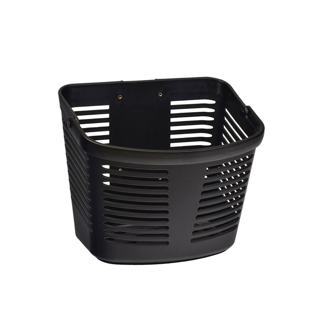 Basket with Bracket for the Pride Revo 2.0 (S66/S67) (Missing Hardware) - A black plastic basket with holes designed for mounting on a scooter's tiller, essential for carrying daily items.