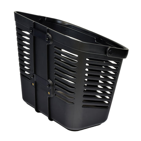 Basket with Bracket for the Pride Revo 2.0 (S66/S67) — a sturdy black plastic basket with holes, designed to mount on a mobility scooter's tiller, includes a tiller clamp with hanger and hardware.