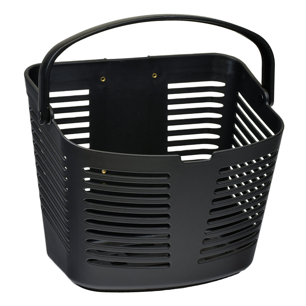 Basket with Bracket for the Pride Revo 2.0 (S66/S67) - a black plastic storage basket with a handle, designed to easily mount onto the scooter's tiller, including a clamp and hardware.