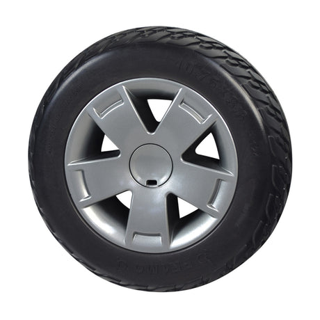 10.75 Flat-Free Rear Wheel Assembly for the Pride Victory 10.2, showing a black tire with a silver 5-spoke rim, designed for both 3-wheel and 4-wheel mobility scooters.