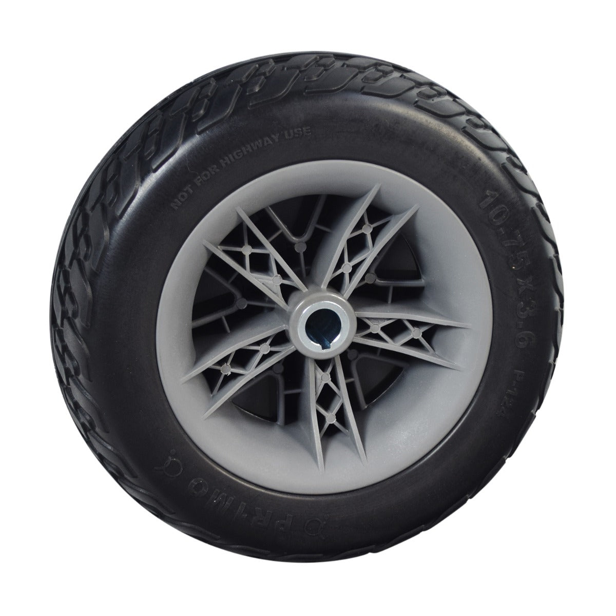 10.75 Flat-Free Rear Wheel Assembly for the Pride Victory 10.2, featuring a black tire filled with PU foam on a 5-spoke silver rim, suitable for 3-wheel and 4-wheel versions.