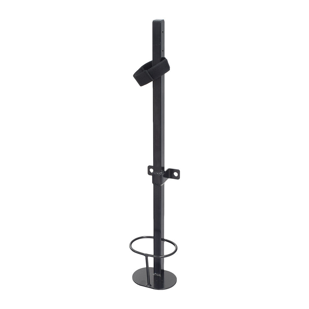 Cane & Crutch Holder Assembly for Jazzy Power Chairs with Tru-Balance 3 Seating, featuring a black metal pole with a strap and round base, designed to carry mobility aids securely.