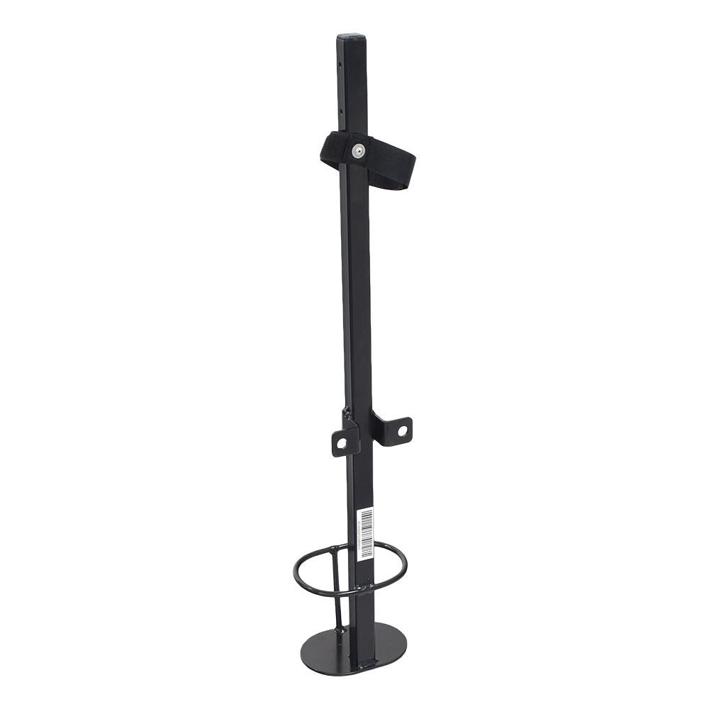 Cane & Crutch Holder Assembly for Jazzy Power Chairs with Tru-Balance 3 Seating, black metal object with a metal holder and bar code, designed to securely carry mobility aids behind the seat.