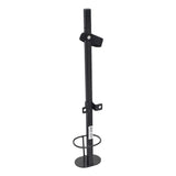 Cane & Crutch Holder Assembly for Jazzy Power Chairs with Tru-Balance 3 Seating, black metal object with a metal holder and bar code, designed to securely carry mobility aids behind the seat.