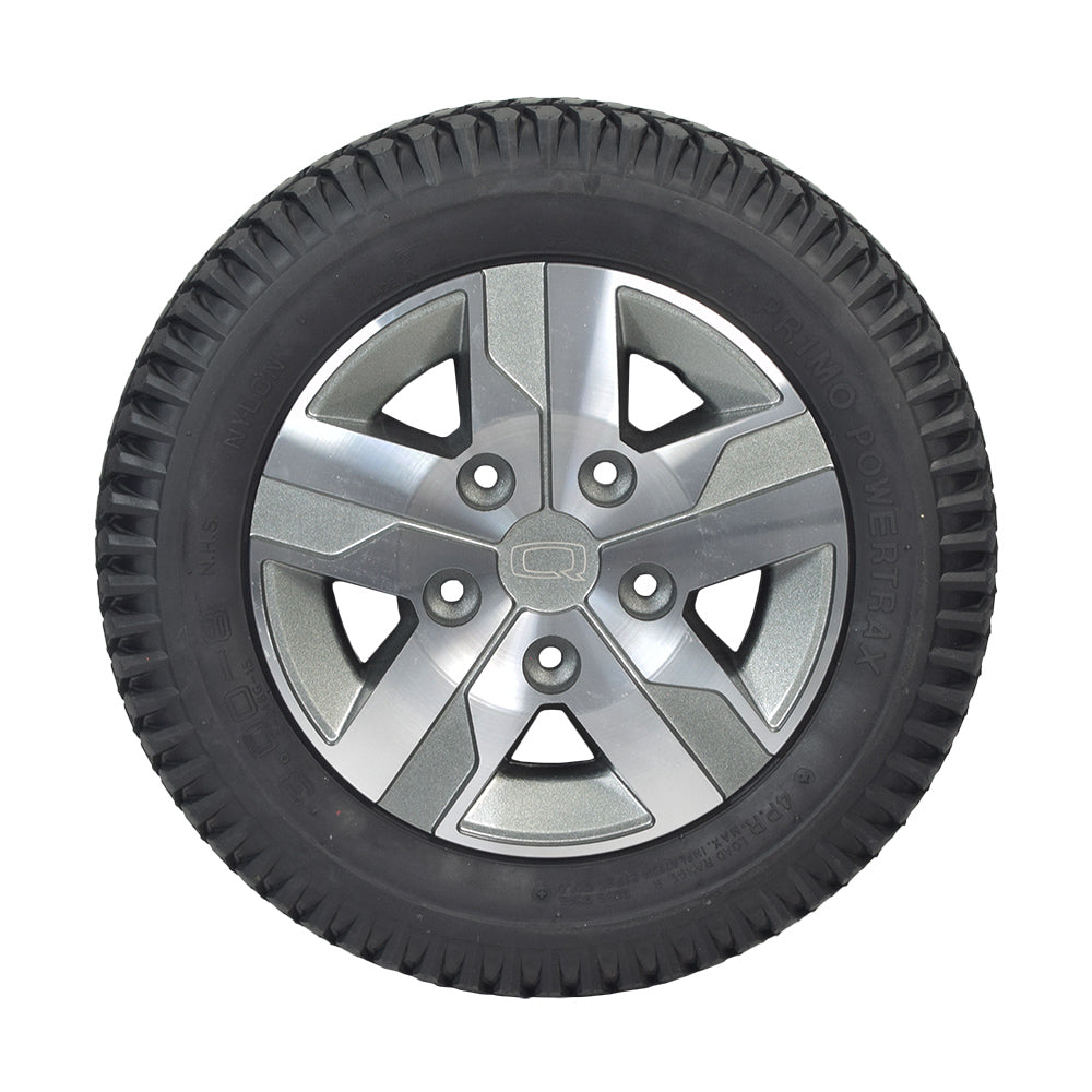 14x3 Flat-Free Wheel Assembly with Titanium Rim for Quantum Q6 Edge 2.0 & Q6 Edge 2.0 X, featuring a silver split rim and black knobby tread tire designed for optimal indoor and outdoor performance.