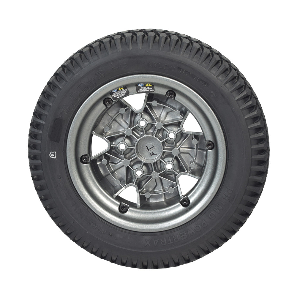 14x3 Flat-Free Wheel Assembly with Titanium Rim for Quantum Q6 Edge 2.0 & Q6 Edge 2.0 X, featuring a knobby tread black tire and a split silver rim design.