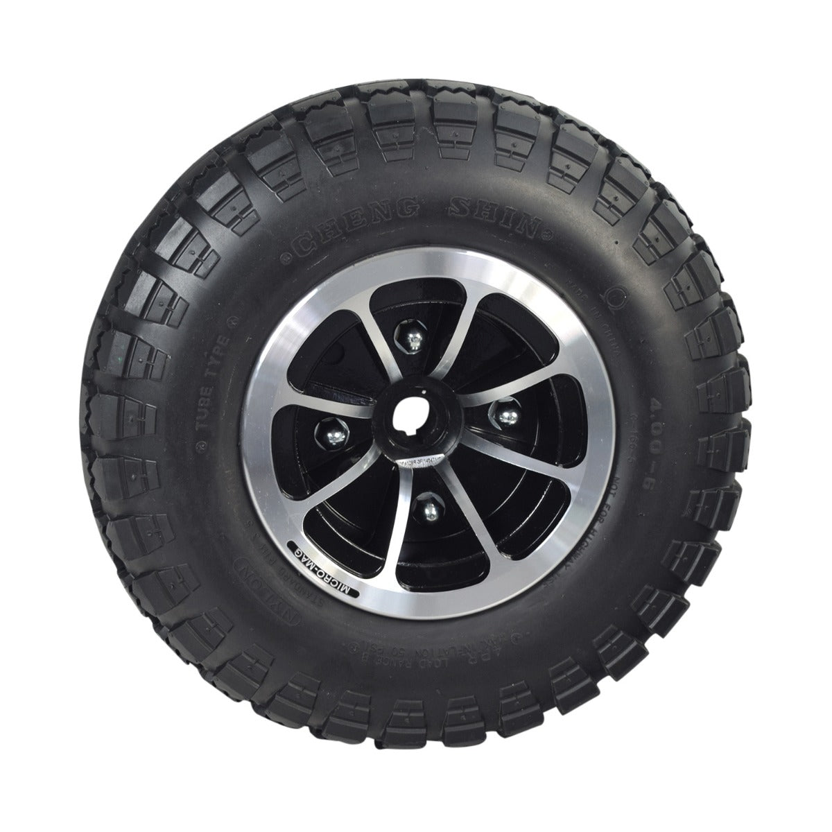 14x4 Flat-Free Wheel Assembly with Black Rim for the Quantum 4Front, Q6 Edge 2.0, Q6 Edge 2.0 X, & Q6 Edge 3.0 featuring a black tire with a silver rim, showcasing knobby tread.