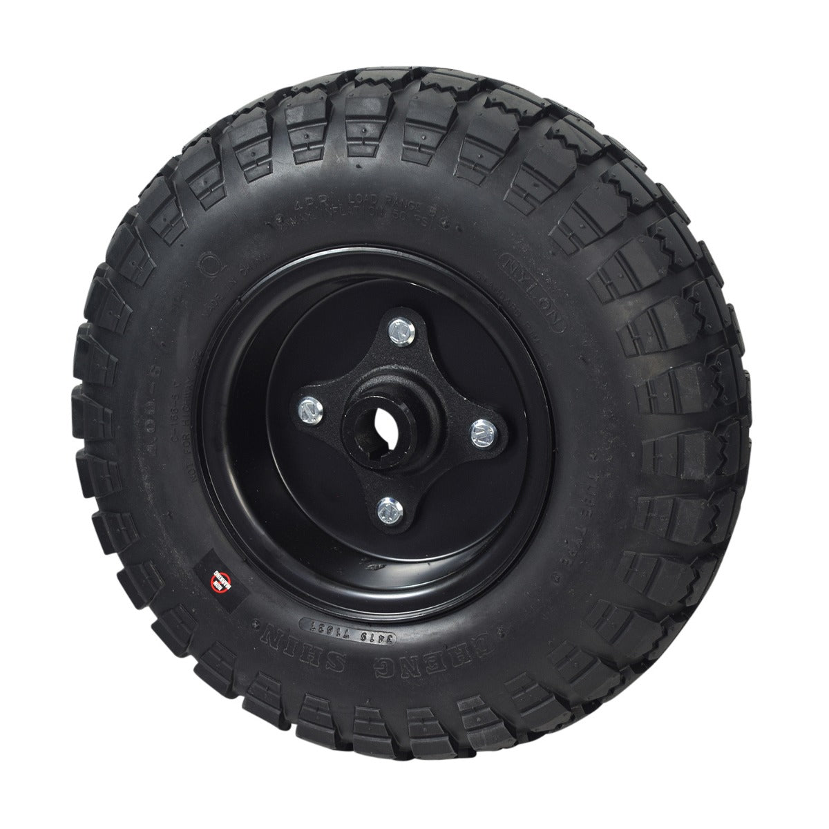 14x4 Flat-Free Wheel Assembly with Black Rim for the Quantum 4Front, Q6 Edge 2.0, Q6 Edge 2.0 X, & Q6 Edge 3.0 featuring a knobby tread black tire and split rim design.