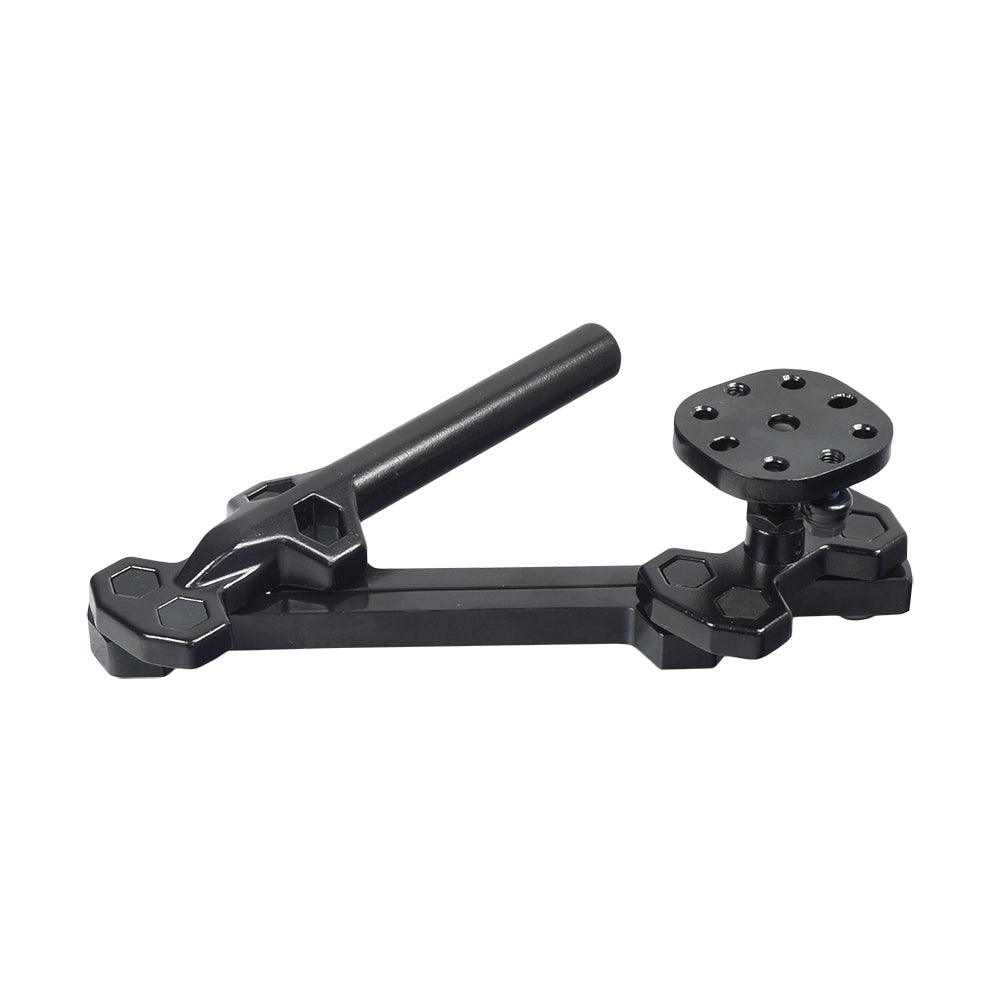 Left Side Swing Away Joystick Bracket for Jazzy & Quantum Power Chairs with Dynamic Shark Joysticks. Features a black metal object with a long handle and holes, essential for left-handers.