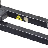 Right Swing-Away Joystick Bracket for the Jazzy Elite ES, featuring a black metal bar with a yellow triangle sign and a close-up of a white circle.