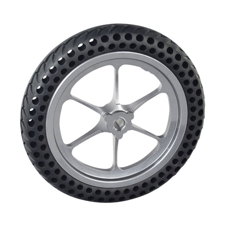 Drive Wheel Assembly with Silver Rim for the Jazzy Passport Power Chair, featuring a black tire with a silver rim, designed for optimal performance with a flat-free, honeycomb-constructed tire.