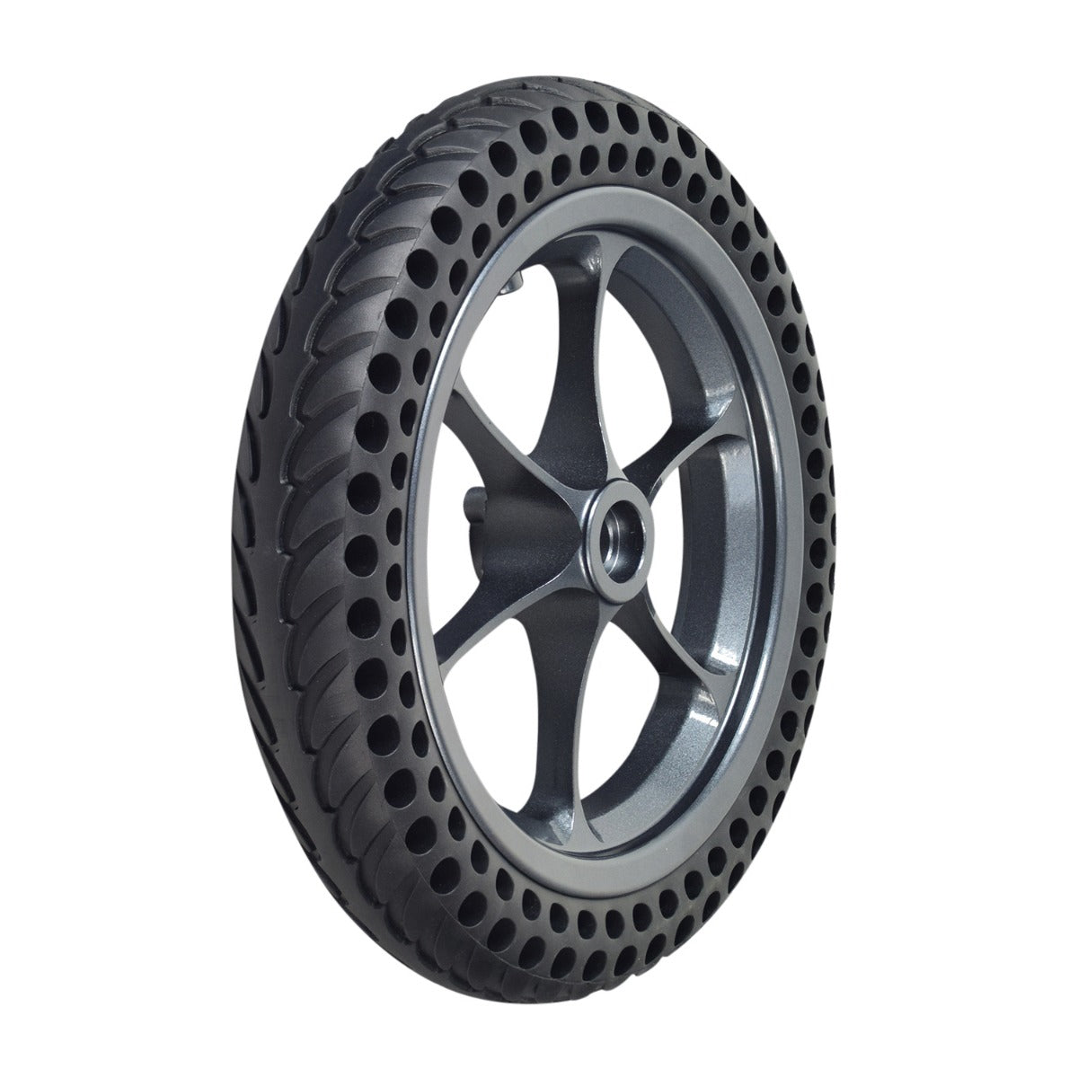 Right Drive Wheel Assembly with Dark Gray Rim for the Jazzy Passport Power Chair, featuring a flat-free tire with honeycomb construction, displayed in a close-up view highlighting the black tire and gray rim.