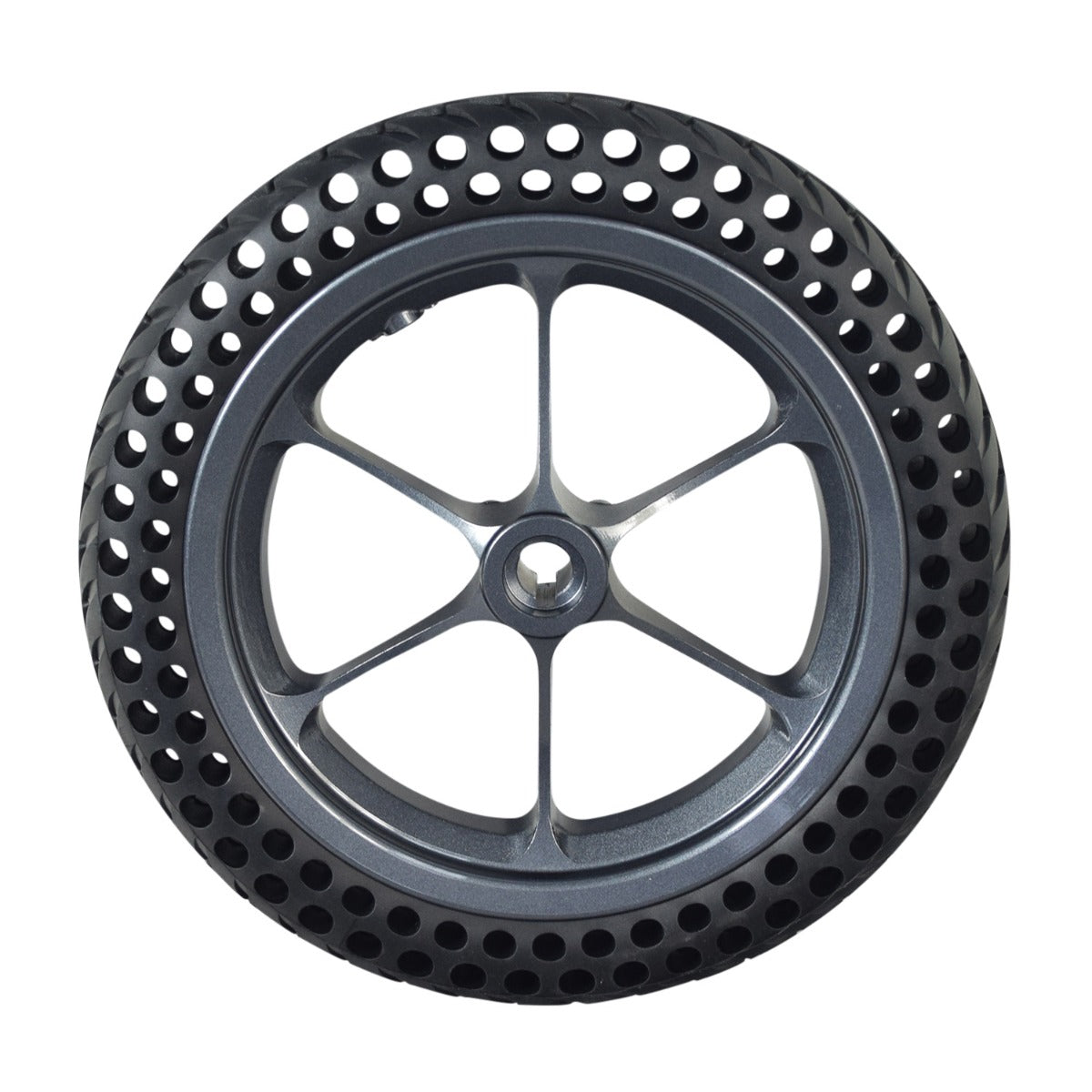 Right Drive Wheel Assembly with Dark Gray Rim for the Jazzy Passport Power Chair, featuring a flat-free tire with internal honeycomb construction, ensuring durability and performance.