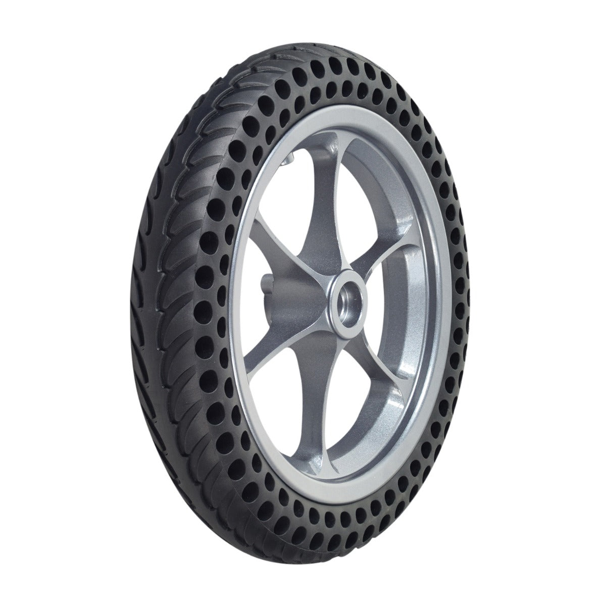 Drive Wheel Assembly with Silver Rim for the Jazzy Passport Power Chair, featuring a flat-free tire with internal honeycomb construction, shown in close-up detail highlighting the tire tread and black rim.