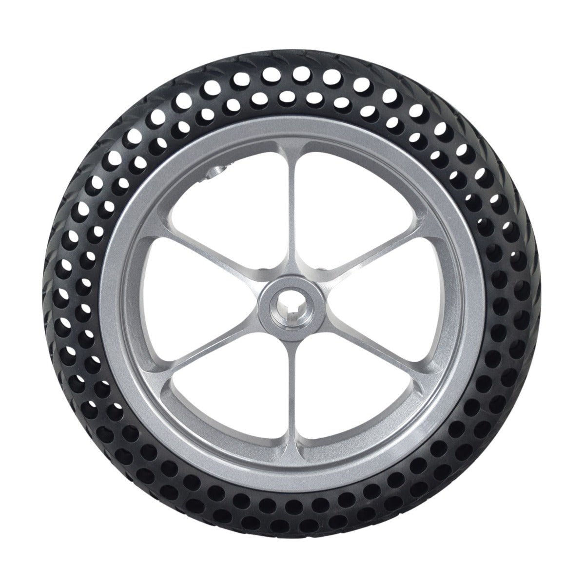 Drive Wheel Assembly with Silver Rim for Jazzy Passport Power Chair, featuring a flat-free tire with internal honeycomb construction for enhanced durability. Suitable for both left and right-side applications.