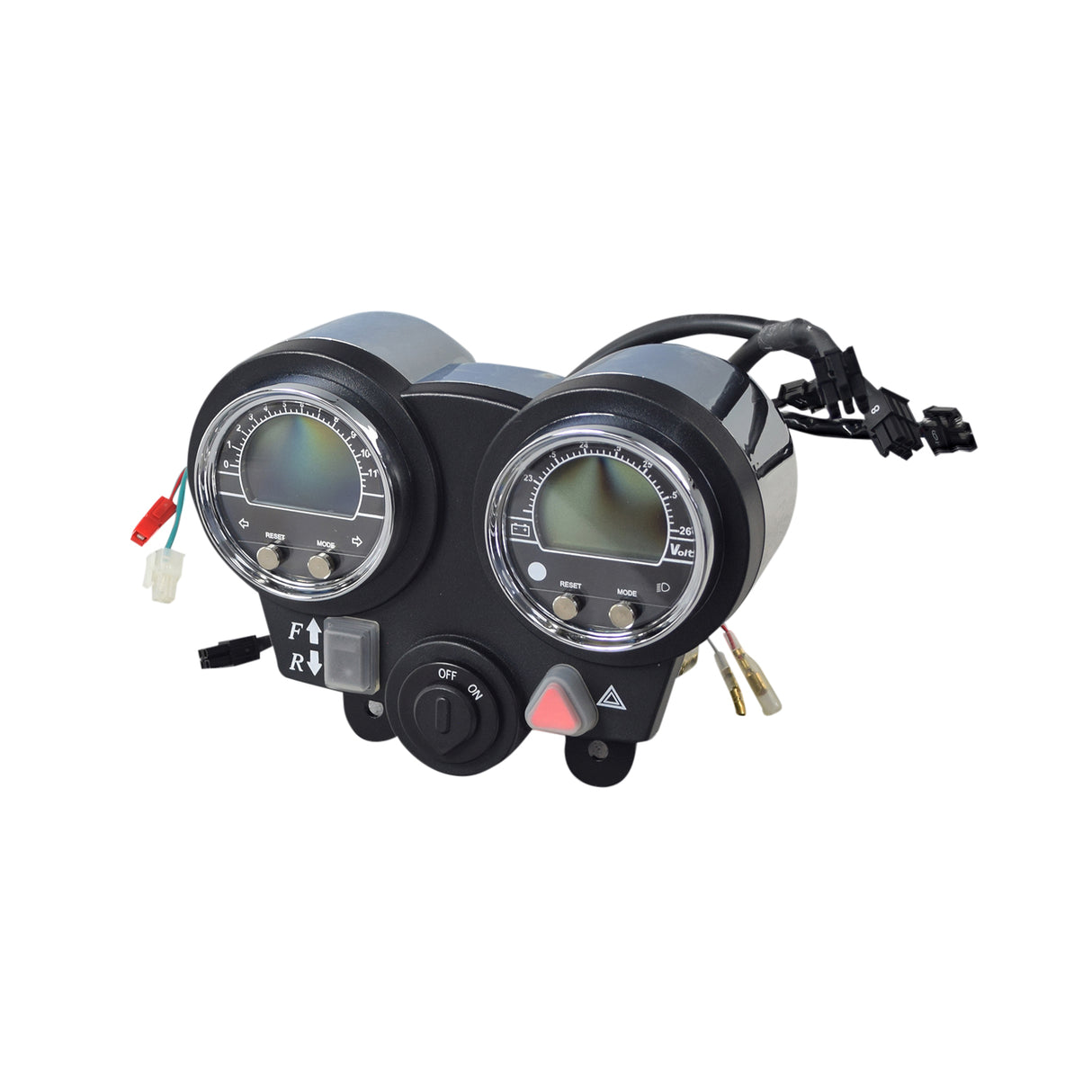 Speedometer Assembly for the Pride Mobility Sport Rider Scooter, showcasing a close-up of the black and silver gauge with visible wires and a switch, highlighting detailed console features.