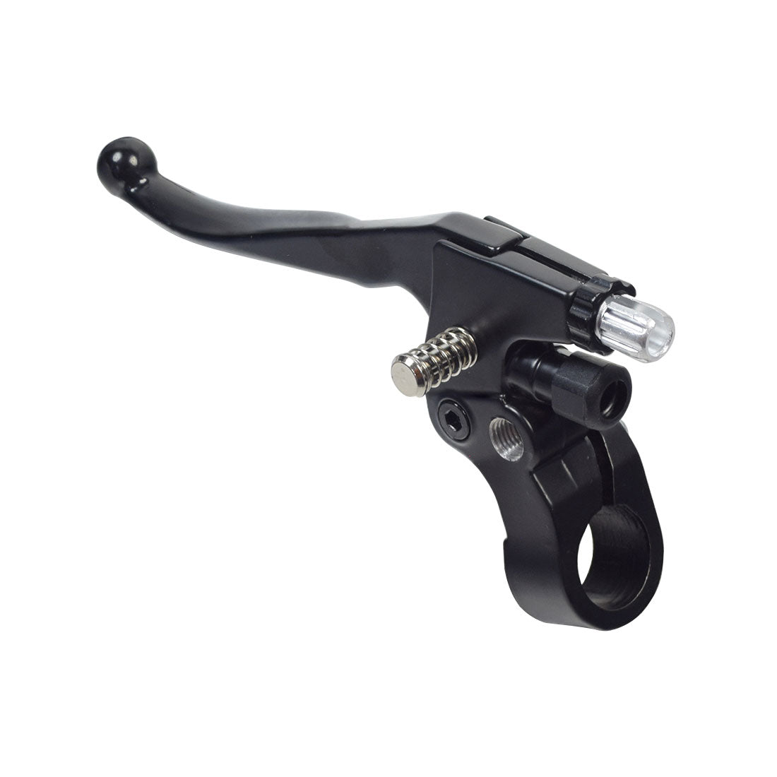 Brake Assembly for the Pride Sport Rider featuring a black lever with a clear light, a silver screw, and a visible metal spring, essential for scooter or power chair maintenance.