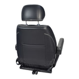 20 Seat for the Pride Mobility Sport Rider Scooter featuring black leather upholstery, armrests, headrest, seatbelt, and sliding-track seat plate with lever, tailored exclusively for the Pride Sport Rider model.