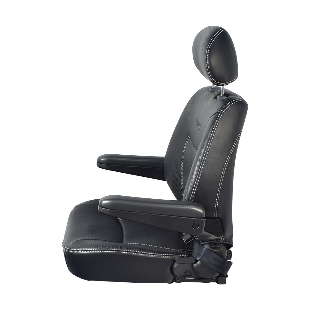 20 Seat for the Pride Mobility Sport Rider Scooter, featuring black vinyl with armrests, headrest, seatbelt, white stitching, and a sliding-track seat plate with lever, perfect for easy replacement.