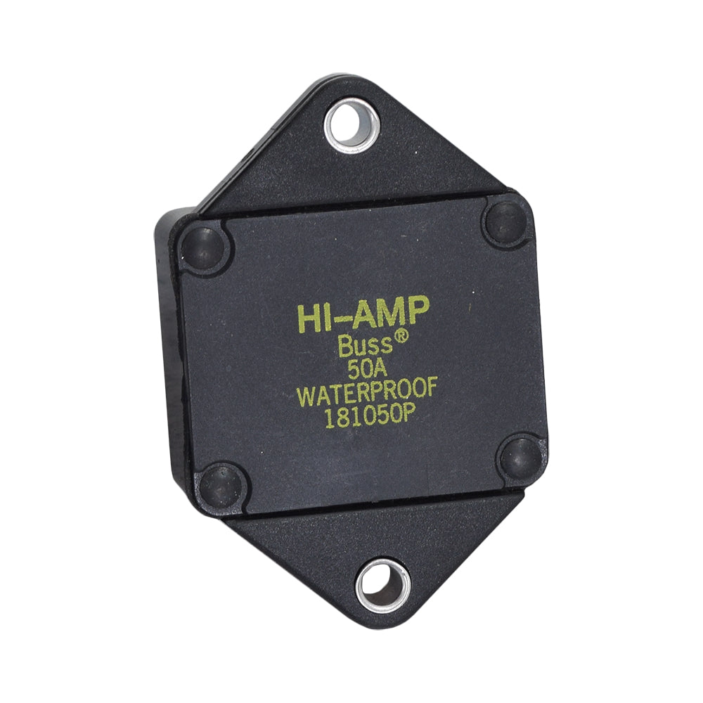 50 Amp Circuit Breaker for the Quantum 6000Z, a black square device with yellow text, shown with included mounting hardware.