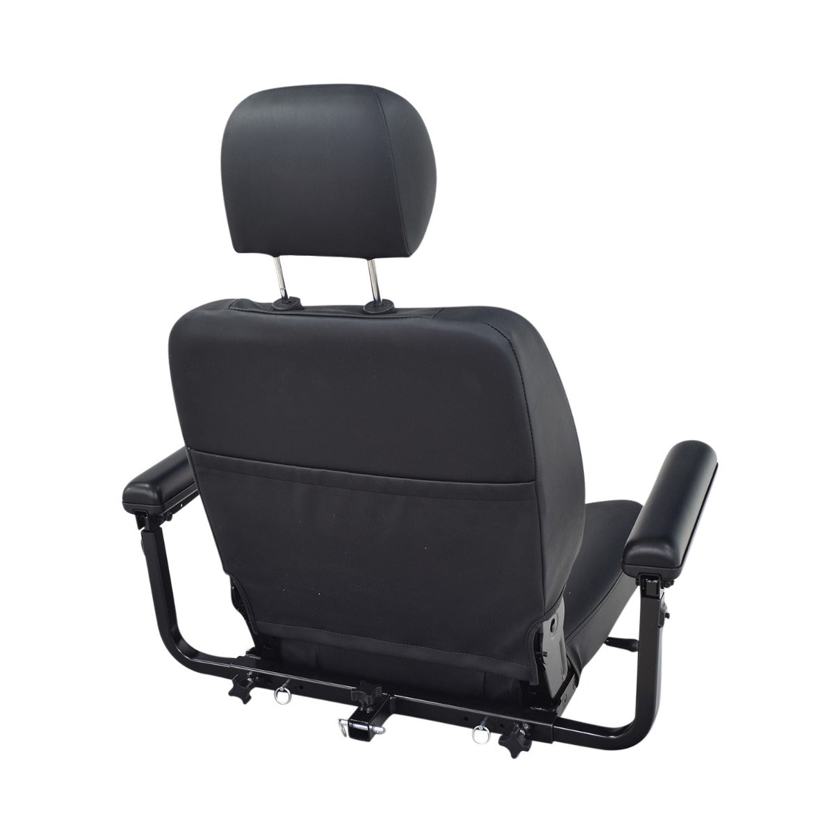 20x20 Black Vinyl Hi-Back Seat Assembly for the Pride Victory 10 (SC610/SC710) & Pursuit (SC713) Scooters, featuring black upholstery, headrest, metal armrests, and complete hardware set.