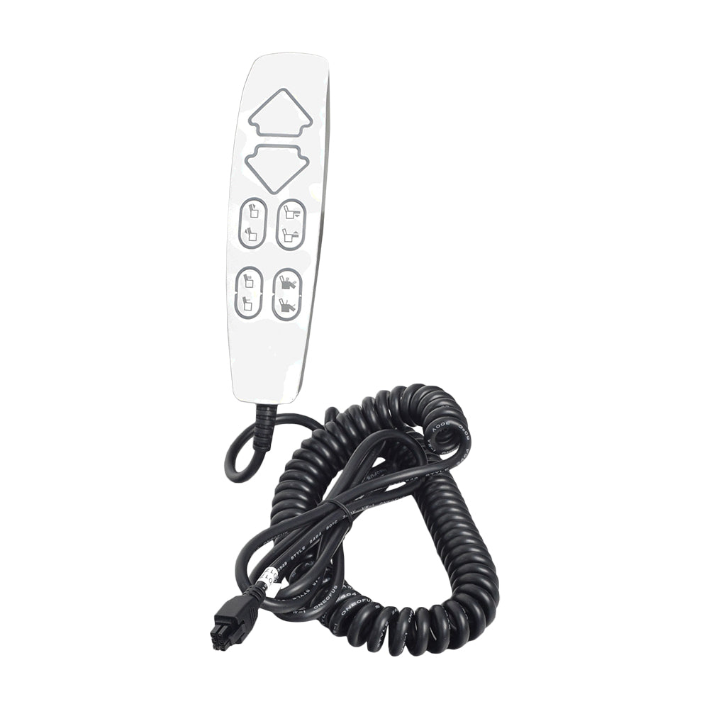 Hand Control with Heat & Massage for Infinite Position Mega Motion Lift Chairs (CTL1700979) featuring a 6-button remote with backlit buttons, coiled cord, USB port, and 6-pin connector.